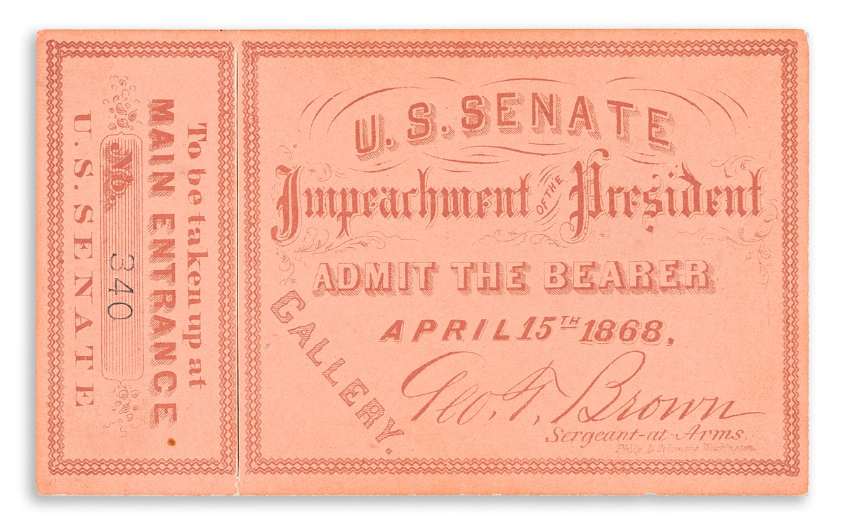 (GIDEON WELLES.) Ticket to the impeachment of Andrew Johnson.